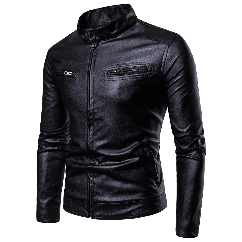 

Leather Jacket Men Autumn Winter New Retro Solid Collar Jacket Pure Long Sleeved Coat Casual Parka Men Coat
