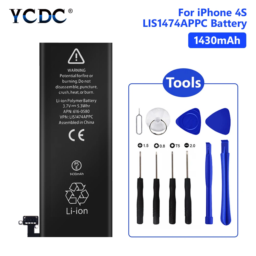 

YCDC Lithium Battery For Real capacity 3.7V 1430mAh iPhone 4S 4GS iPhone4S Rechargeable Phone Bateria Batteries Free Tools