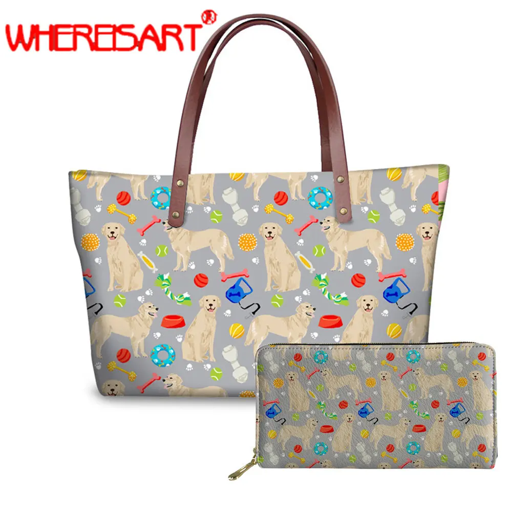 

WHEREISART womens handbags shoulder golden retriever dog summer tropical handbag lady torebki damskie tote bag