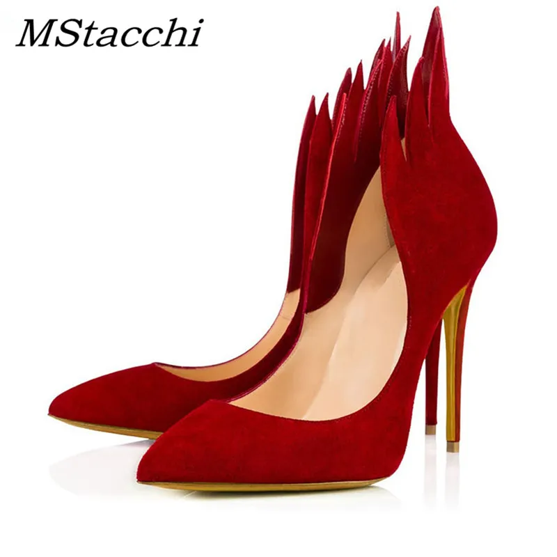 MStacchi Spring Red Fire Design Fashion Woman Pumps Flock Shallow Pointed Toe 12cm Super High Heels Shoes Wedding Party Women MStacchi Spring Red Fire Design Fashion Woman Pumps Flock Shallow Pointed Toe 12cm Super High Heels Shoes Wedding Party Women