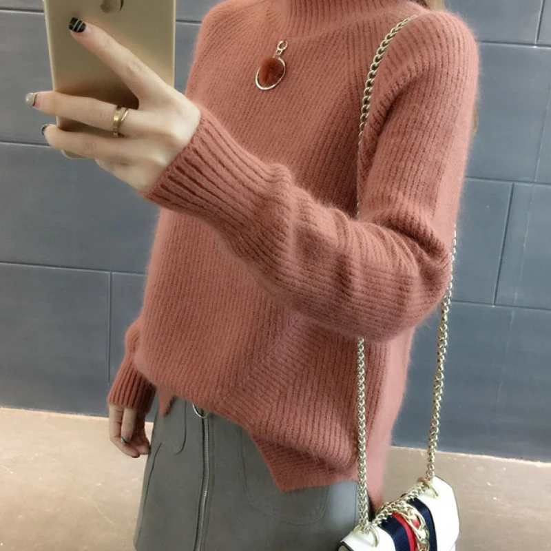 Autumn Winter Thick Women Sweaters Korean Loose Turtleneck Solid Pullovers Side Split Knitwear Chaquetas Invierno Mujer