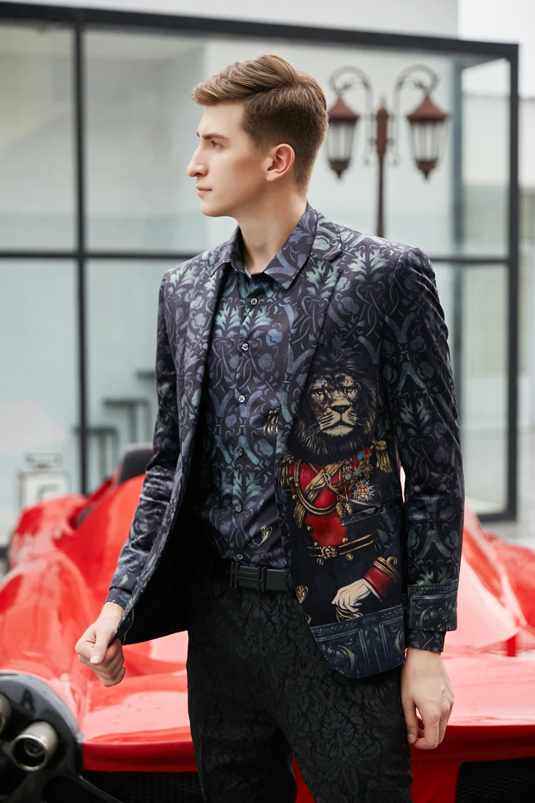 2018 гуйсян Для мужчин Европейский Стиль Досуг Пиджаки Мода Повседневное бархатной ткани животный принт Для мужчин тонкий пиджак костюмы