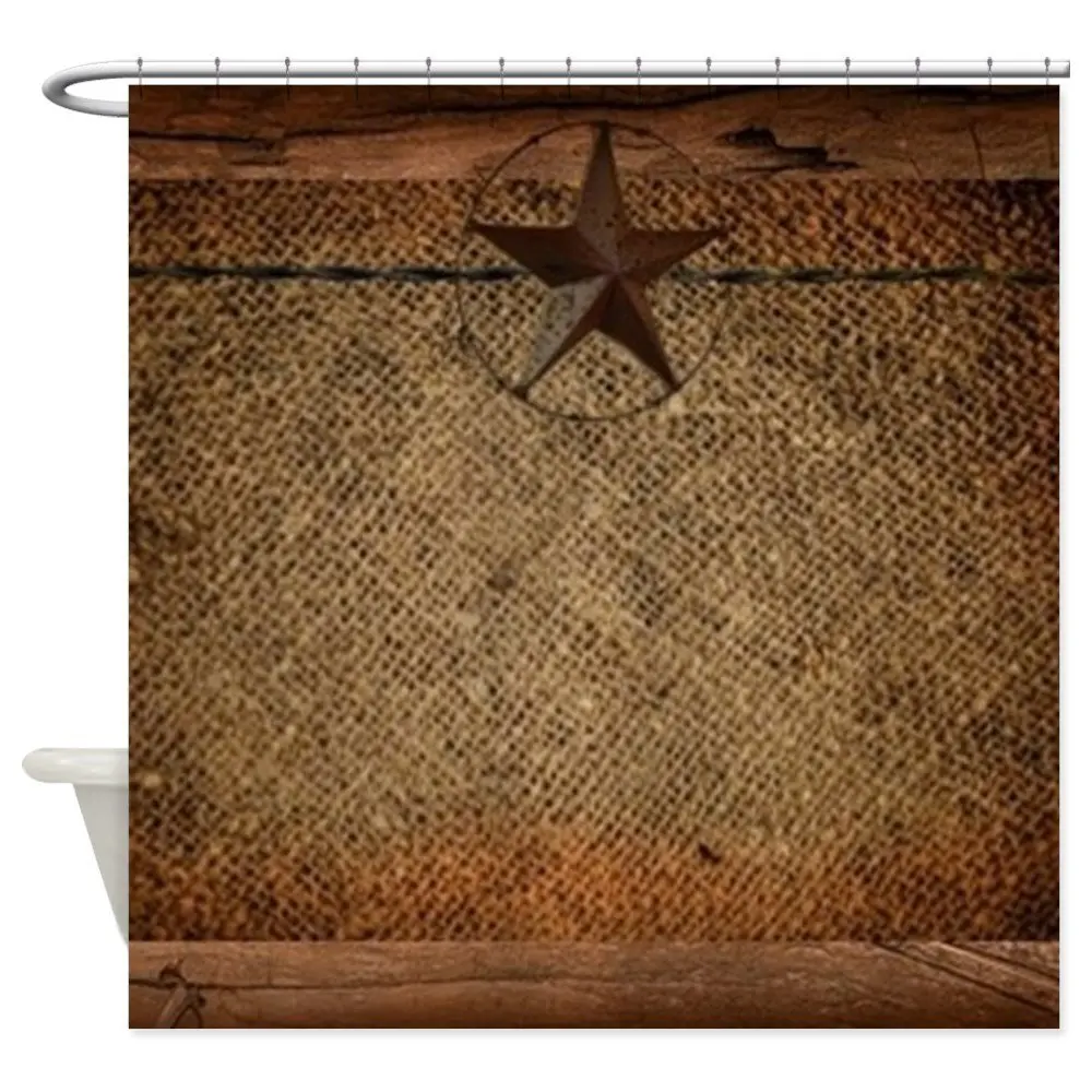 Burlap Barn Wood Texas Star Decorative Fabric Shower Curtain Set Non