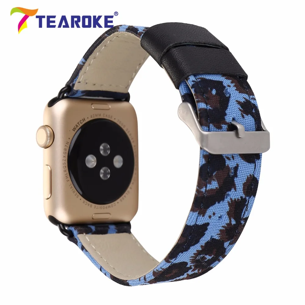 Tearoke Прохладный Leopard живопись нейлон кожаный ремешок для Apple Watch 38 мм 42 мм стильный Для женщин Для мужчин замена ремешок для iwatch