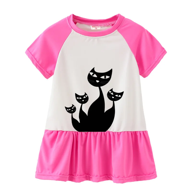 Summer Casual Cat Cartoon Printed Baby Princess Girls Short-Sleeved Dress Rose Red Patchwork Girls Clothes For 2-7 Years Old