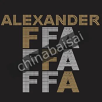 

The gold letters "alexander FFA" Rhinestone Transfer Motif Designs