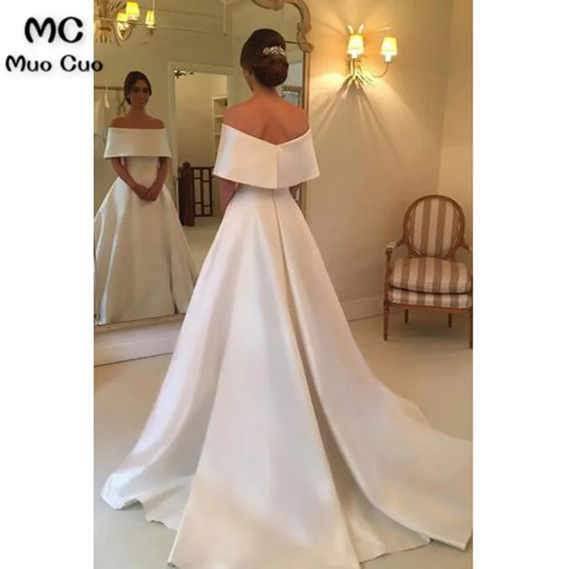 Принцесса A-Line с открытыми плечами свадебное платье; Robe de mariage короткий рукав Атлас Vestido de noiva спинки свадебное платье