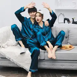 Лед шелковой атласной парные пижамы наборы Марка Качество пара пижамы домашний костюм Весенняя Пижама кардиган с длинными рукавами Пижама