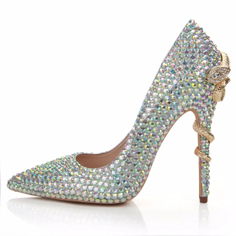 

Spring and summer leather women's shoes high heels luxury colored diamonds pointed snake-shaped stiletto single shoes wedding sh