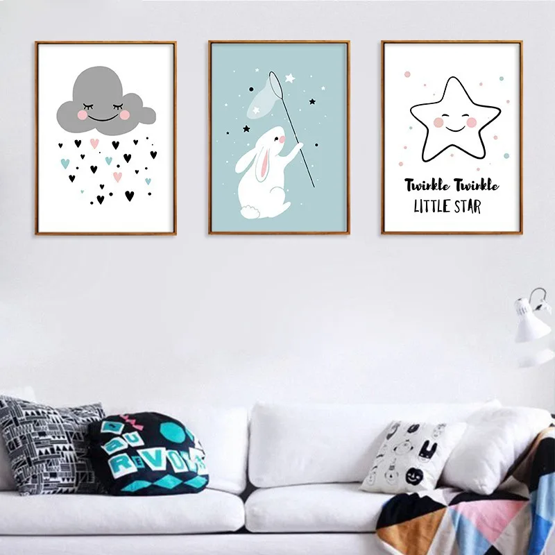 

Kawaii Pink Twinkle Star Cloud Nursery Poster Nordic Wall Art Canvas Prints Painting Picture Children Room Decoration Home Decor