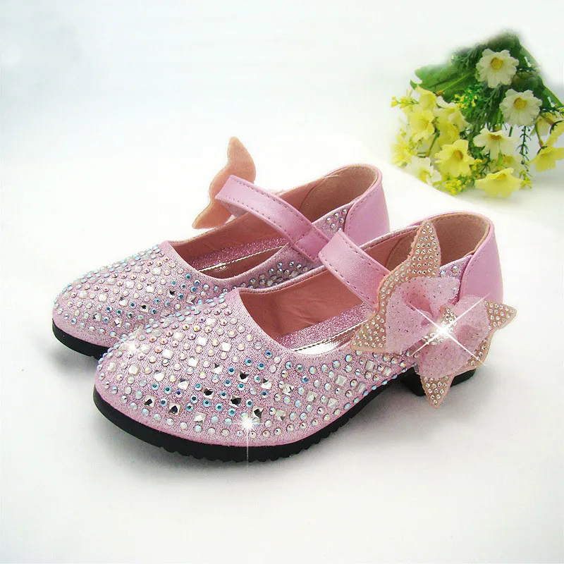 Обувь на высоком каблуке для девочек золотые Серебряное платье обувь весна принцесса обувь корейский лук кожа тонкие сверкающие стразы