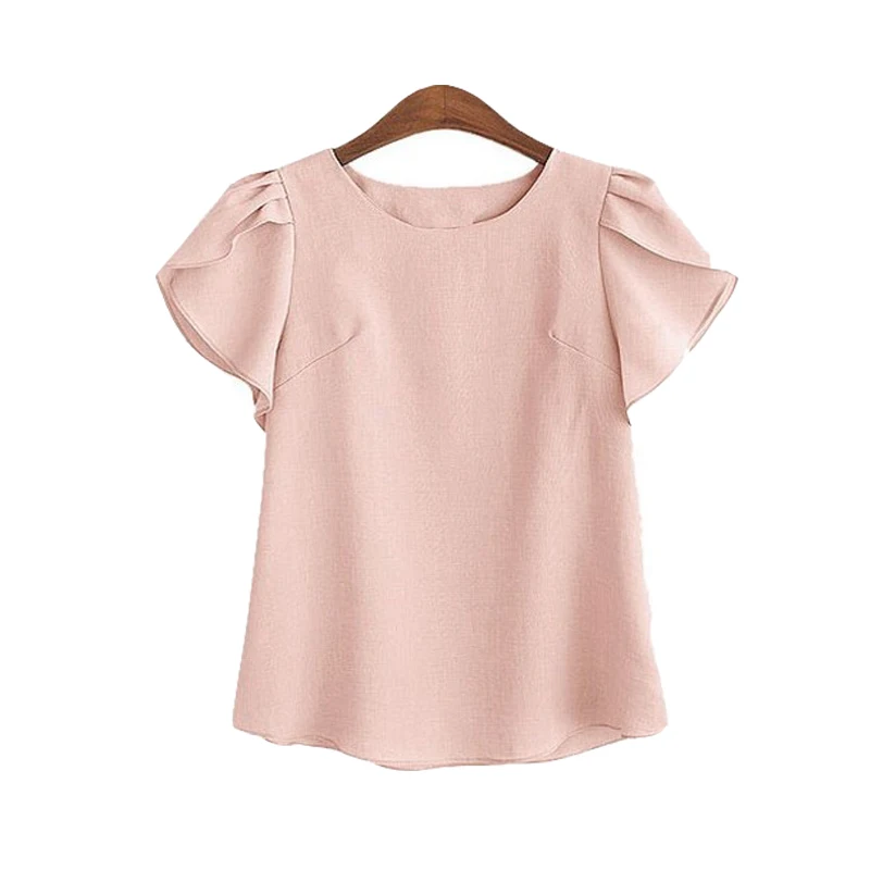 

S-2XL hot sell pink White Petal Sleeve Blouse Round Neck Short Sleeve Top 2019 Summer Women Office casual shirt