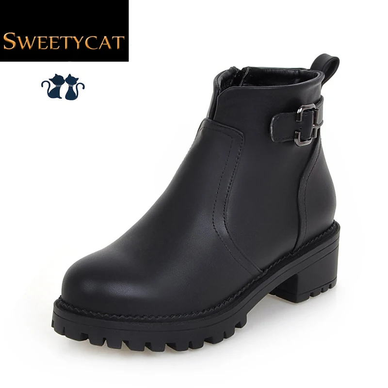 New 2016 Autumn Fashion Leather Boots Women Flats Ankle Boots Casual Round Toe Buckle Zip Martin Boots Size 34-43 L45