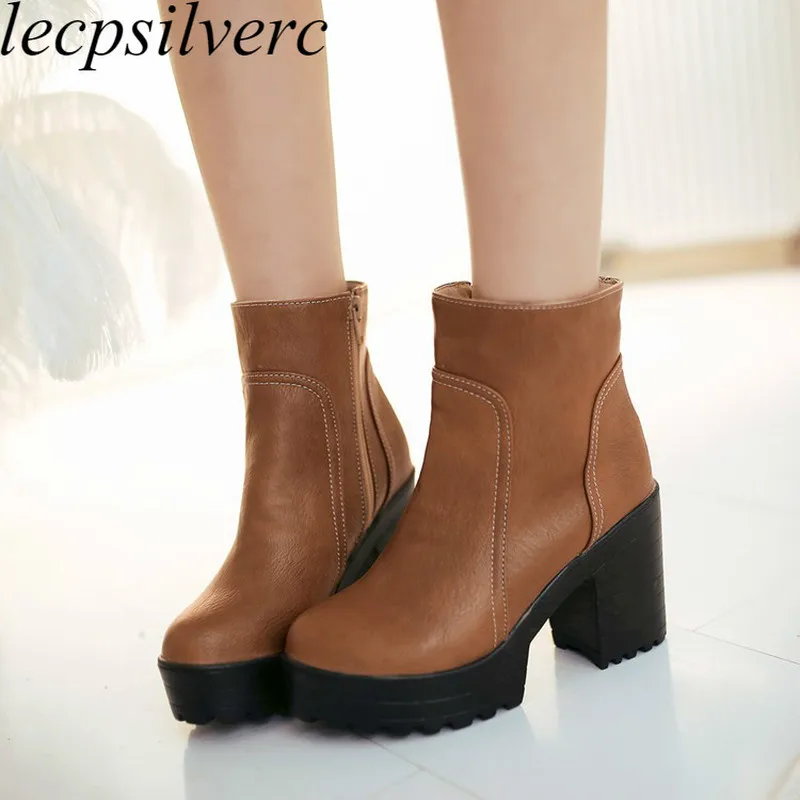 Women Boots Autumn Winter Warm 2019 New Sexy Fashion Zip Pu Platform Ankle Motorcycle Black Brown Grey High-heeled Shoes | Обувь
