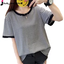 Новые женские полосатые топы, футболки, повседневные свободные большого размера толстый мм, повседневные футболки с коротким рукавом Harajuku, женская одежда J213