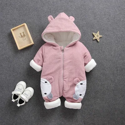 Одежда для новорожденных девочек и мальчиков милый комбинезон с ушками, комбинезон, костюм для подвижных игр на осень и зиму, плотные теплые комбинезоны для малышей - Цвет: pink bear
