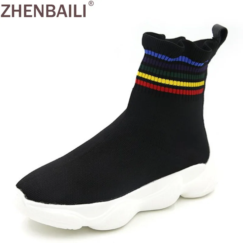 

ZHENBAILI Rainbow Striped Ruffles Detail Breathable Mesh Sock Shoes 2019 Autumn Women Platform Flat Ankle Boots Walking Sneakers
