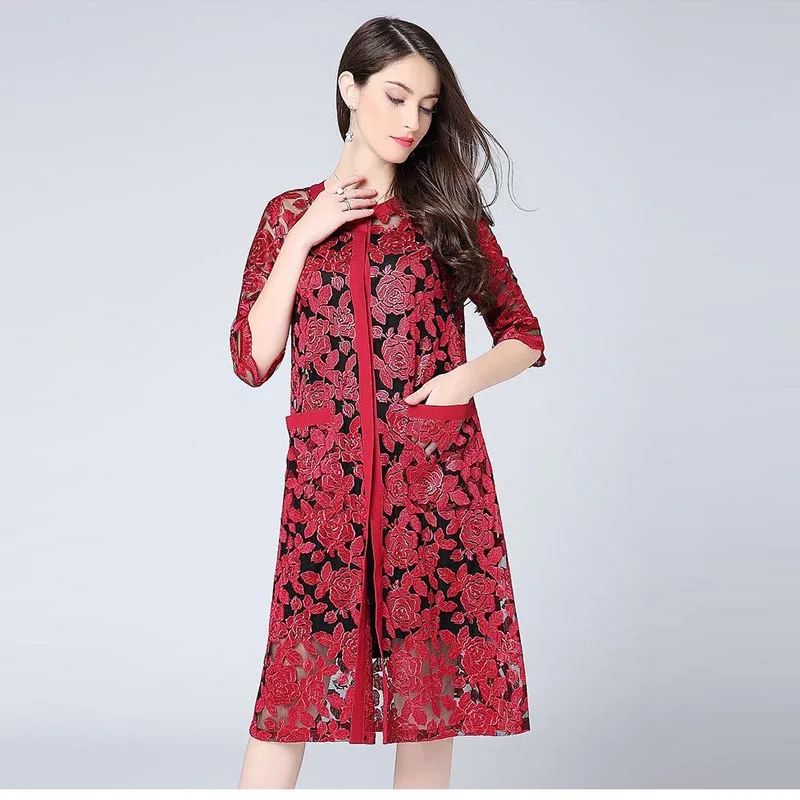 Vintage royal floral spring summer coats woman red lace dress