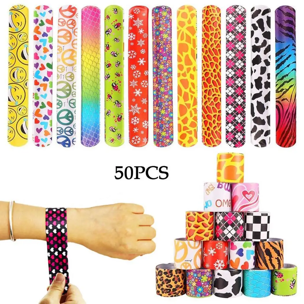 

50pcs Durable Portable Cute Cartoon Print Children > 3 Years Old As Picture Slap Bracelets Toy