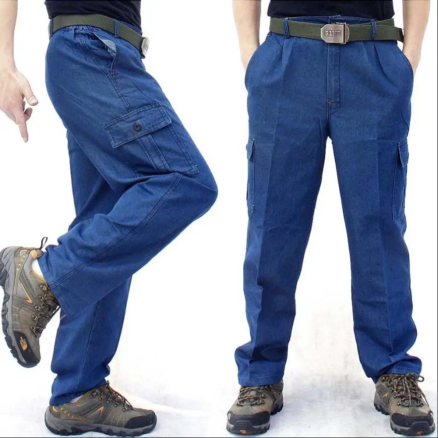

S-4XL Men Summer thin section casual jeans sturdy multi-pocket loose large size trousers men and women labor work tooling pants