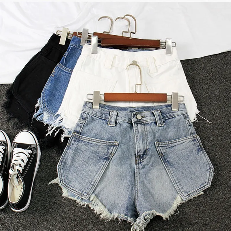 

Womens Short Jeans Spring Summer 2019 New Tassel Hem Mid Waist Denim Blue Button Fly With Pockets Shorts Ladies
