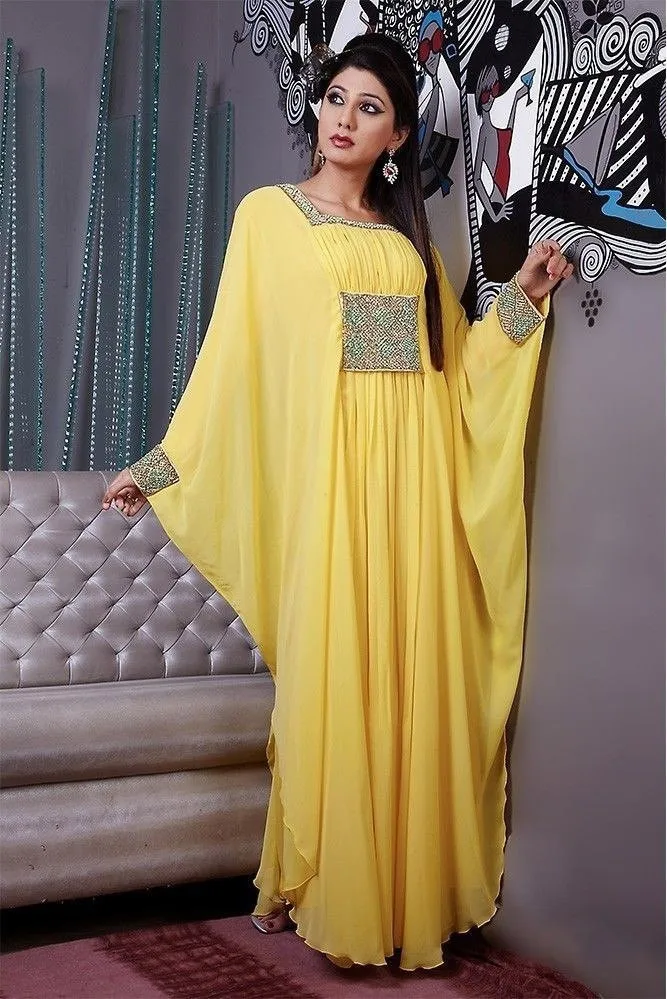 robe de soriee New Caftan Yellow Evening Dresses with Long Sleeves