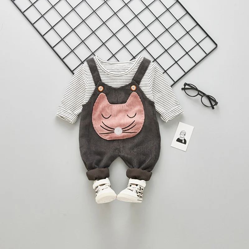 

2 Pcs Autumn children's casual suit striped long-sleeved top + cartoon suspender trousers children's Korean hot