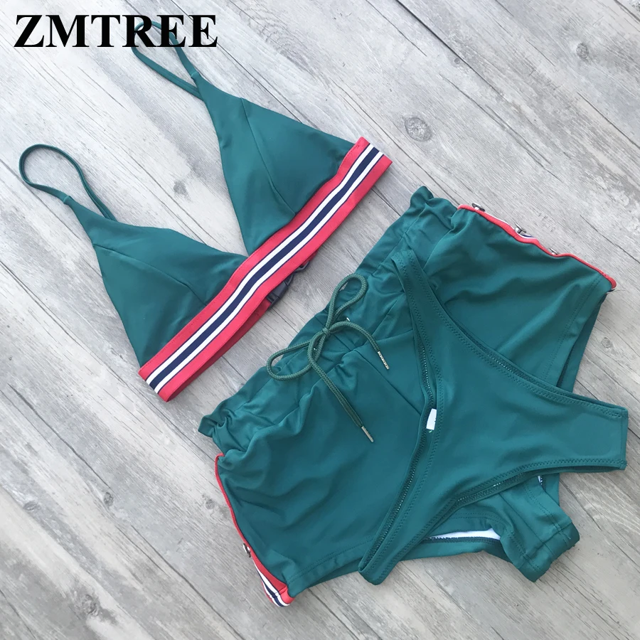

ZMTREE Tankini Three-Piece Swimwear High Waist Bikini Set Triangle Top Bathing Suit Button Nail Thong Bottom Women Swimsuit
