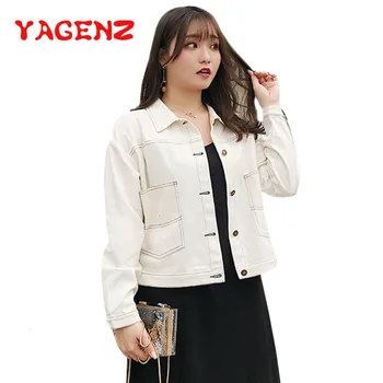 

YAGENZ Denim Jacket Women Bomber Short Jeans Jacket chaqueta mujer Casual Denim Outwear Long Sleeve 4XL Plus size Jeans Coat 370