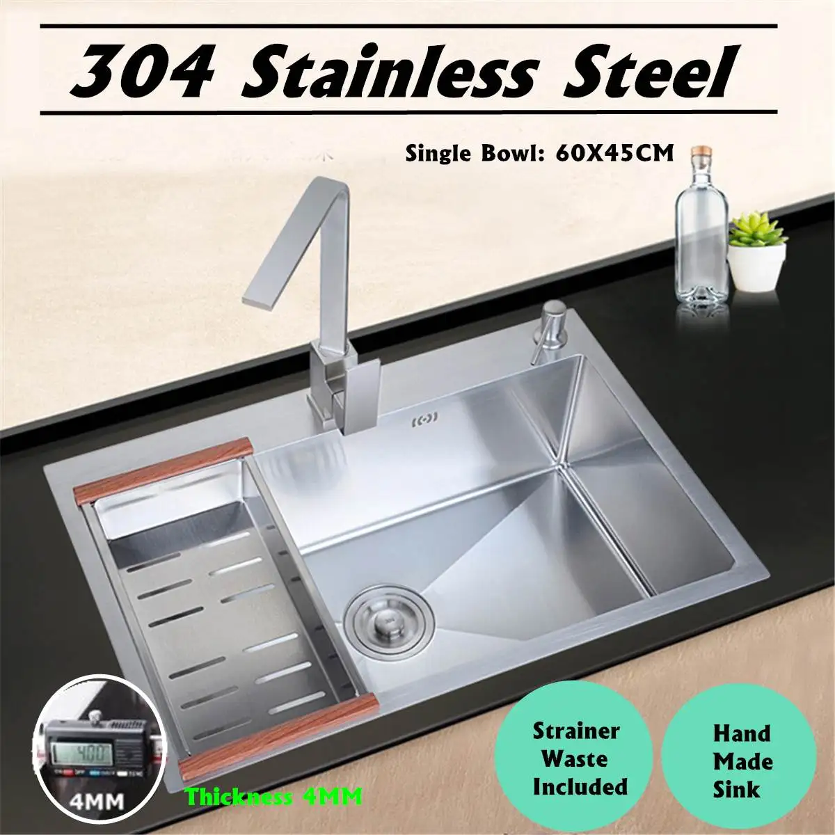 

Stainless Steel Single Bowl Kitchen Sinks Commercial Home Top Mounted 60x45cm With Sewer Device Pipe Drainer Kit Accessories