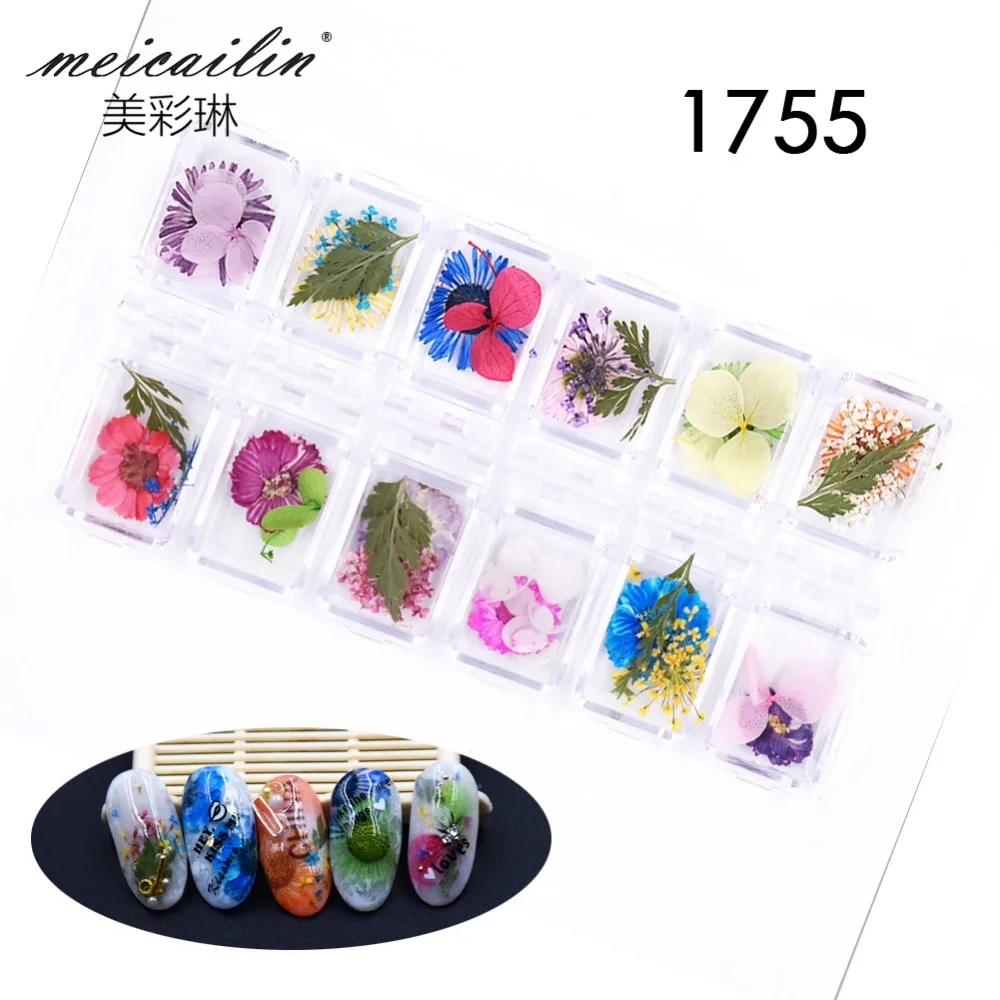 

New 12 Patterns 3D Real Dried Flowers for Nails Art Decoration Dry Flowers Stickers UV Gel Nail Rhinestones For Manicure Tools