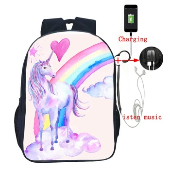 

High Quality Unicorn USB Charge Teens Girls Boys Backpack Students Boys Girls School Bags Fashion USB Charging School Rucksack