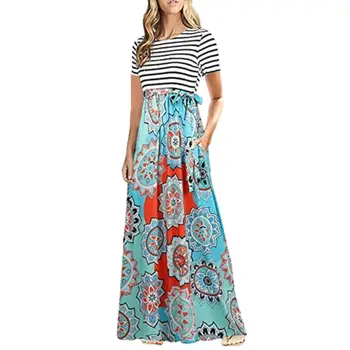 

KANCOOLD dress new high quality girl Summer Boho Empire Dress Striped Floral Print Party Beach Maxi dress women AP25