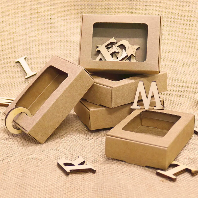 20 pcs فارغة كرافت صندوق ورقي مع نافذة صابون يدوي الصنع مربع مجوهرات الكوكيز هدية صندوق حلوى الزفاف حزب الديكور 85x60x22mm