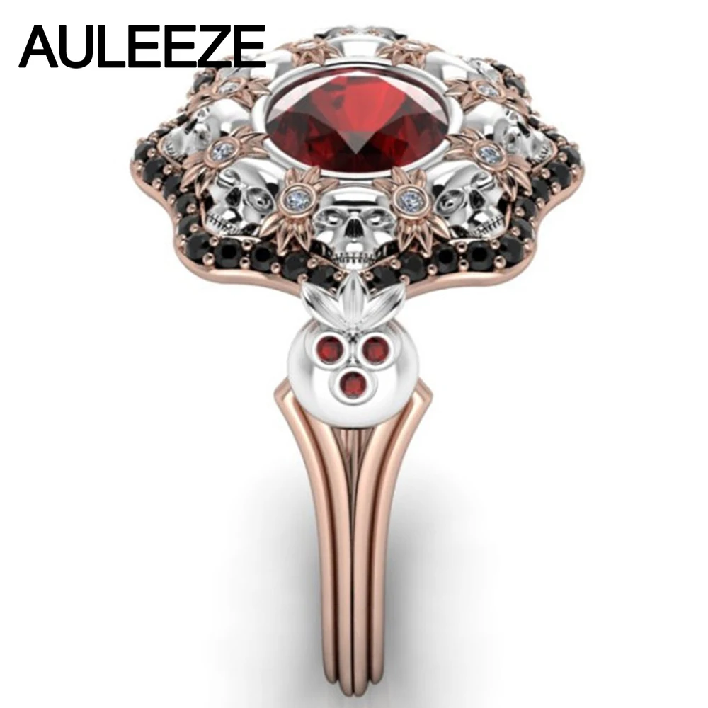 

Halloween Solid 10K Two Tone Gold Engagement Ring Unique Skull Natural Red Garnet Ring Simulated Diamond Party Flower Ring