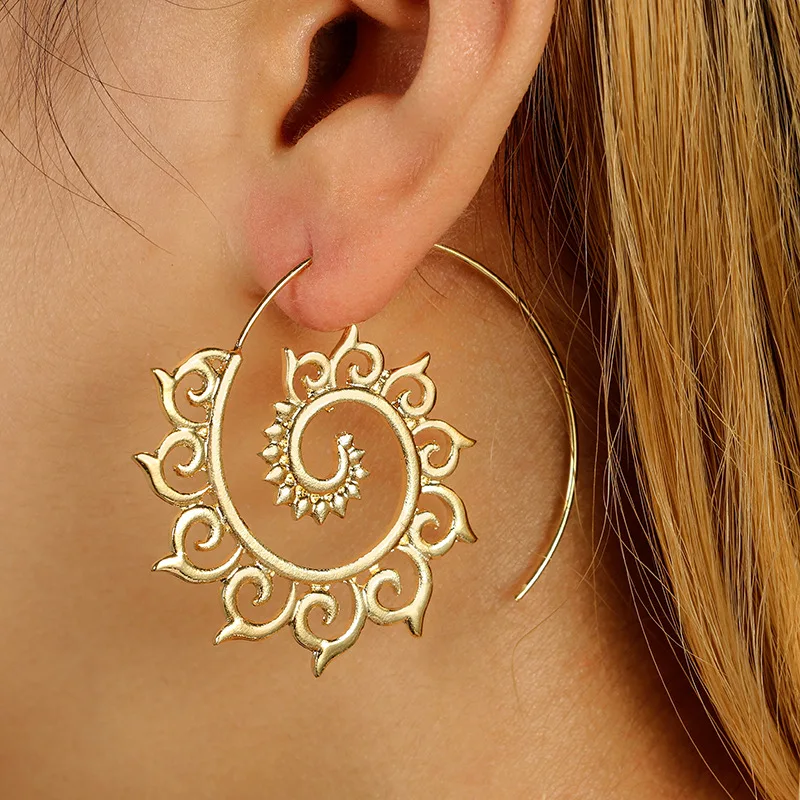 

Vintage Round Spiral Drop Earrings Exaggerated Gold Silver Personality Whirlpool Earrings for Women Bohemia Best Jewelry 5E129