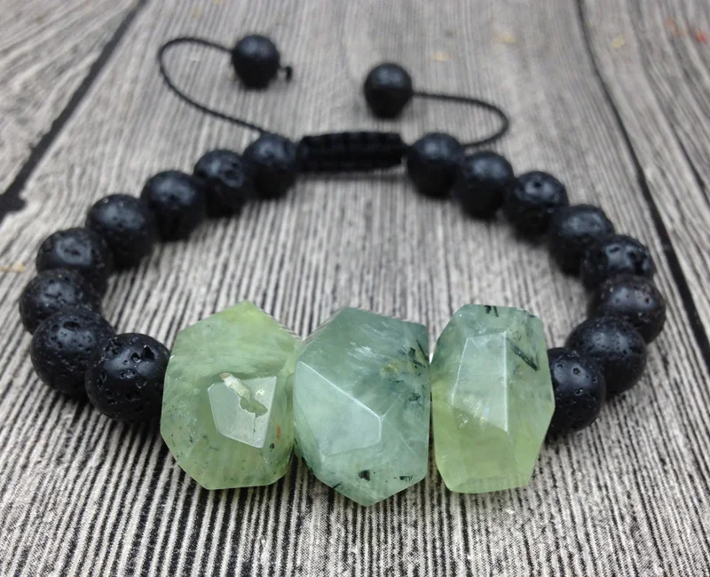 

YA2864 Natural Prehnites Faceted Chunky Stone Black 8mm Lava Beads Knot Adjustable Bracelet 6.5inch long