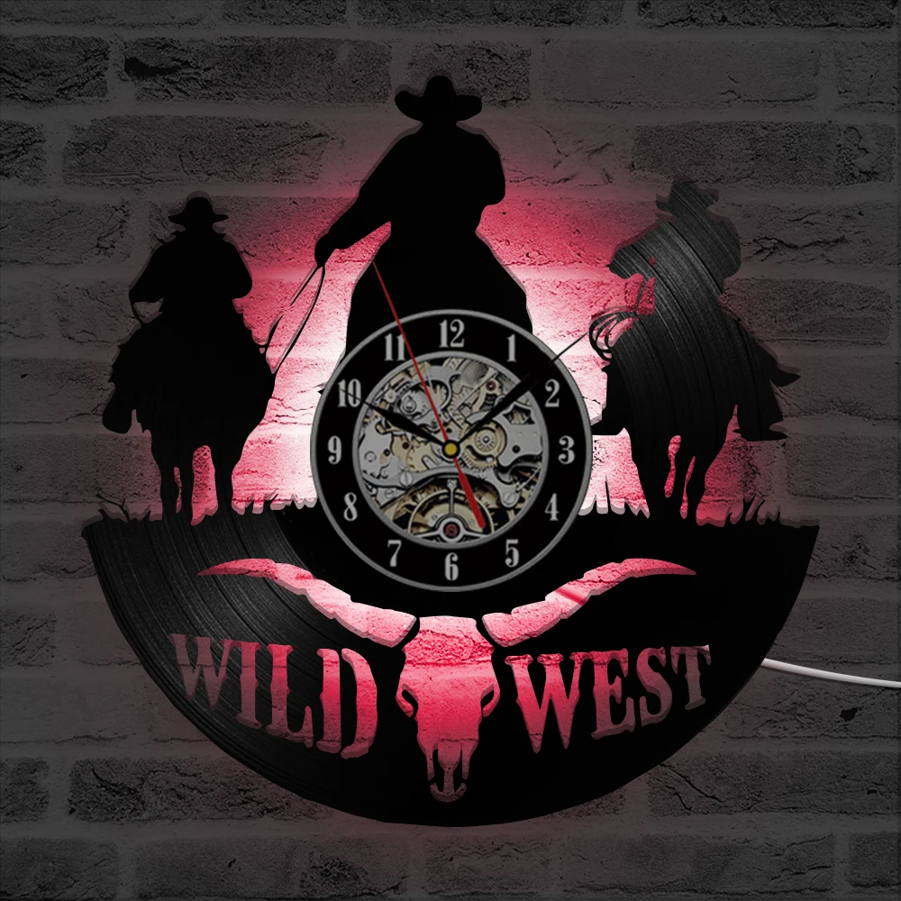 Wild West креативные виниловые настенные часы для записи компакт-дисков Техасские ковбои с вырезами в античном стиле светодиодный настенные часы персонализированные художественные Подвесные часы