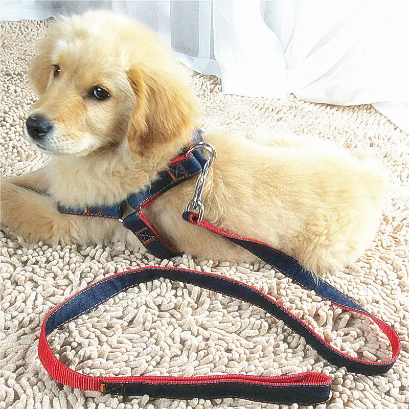 Cowboy Jean Larger Dog Harness Leash Set Outdoor Pet Chest Leash Collar Lead Set For Small Big Dogs Harnesses Pet Supplies(3Col) (2)