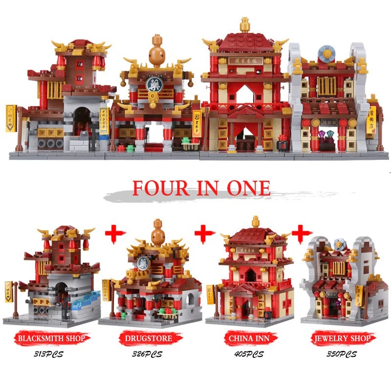 

XingBao 01101 4 In 1 Building Blocks Bricks The China Inn Jewelry Shop Blacksmith Shop Drugstore Set Compatible LegoINGLYs City