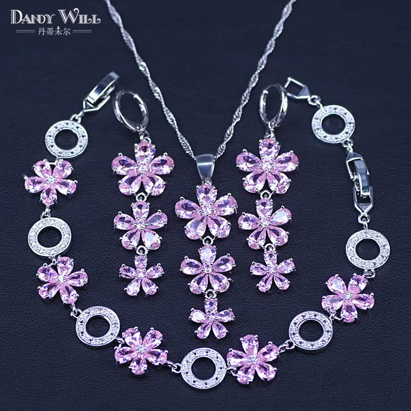 

Exquisite Flower Red Pink Stone 925 Silver Jewelry Sets For Women Wedding Earrings Bracelet Pendant Necklace Free Gift Box
