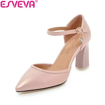 

ESVEVA 2018 Women Pumps Buckle Strap Elegant Shoes Square High Heels Pointed Toe Spring Shallow Wedding Women Shoes Size 34-43