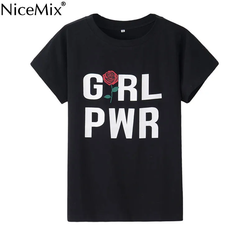 NiceMix 2019 Sommer Harajuku Frauen Tops T Shirt Druck Mädchen Pwr Rose Blume Schlank Baumwolle T-shirt Camisetas Mujer 29027