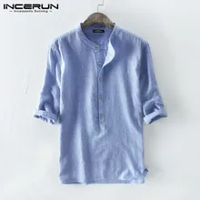 Camiseta de algodón rayado para hombre INCERUN, transpirable, manga 3/4, cuello alto 2020, Harajuku Vintage, camisas de marca para hombres, ropa de calle Chemise