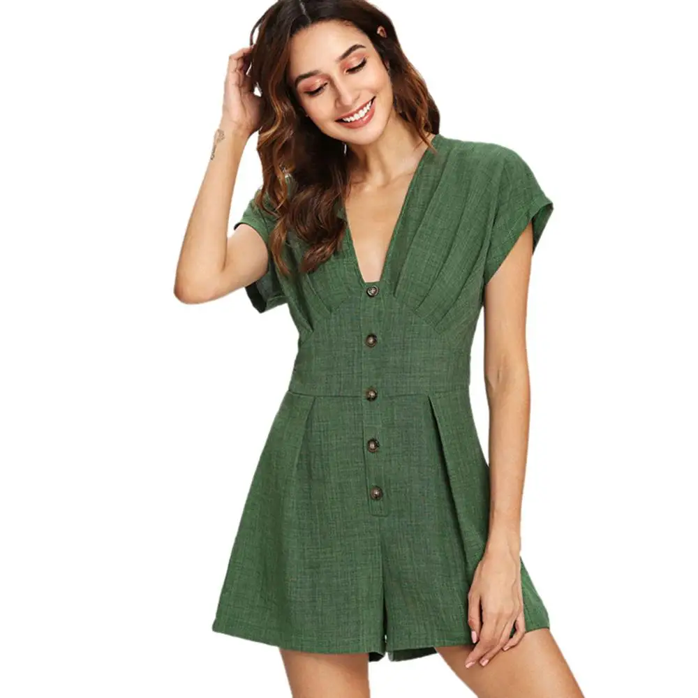 Jumpsuits Комбинезон в официальном стиле короткий комбинезон женский Сплошной Кнопка короткий рукав летний повседневный комбинезон свободный костюм пляжного типа женский комбинезон 4EM - Цвет: Jumpsuits