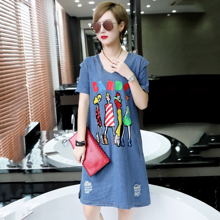 S-5XL Plus Size Women Denim Short Dress Summer 2019 Cute Cartoon Girls Print V-neck Short Sleeve Loose Casual Hole Jeans Dresses