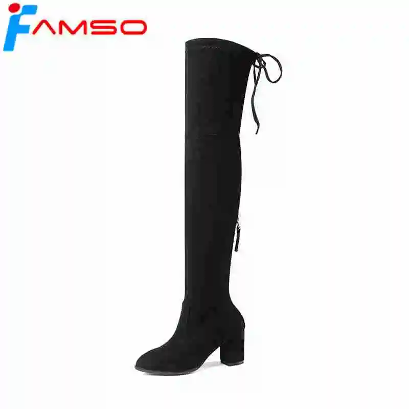 

FAMSO 2019 New Arrival Boots For Women High Thick Heels Suede Boots Autumn Sexy Motorcycle Boots Winter keep Warm Snow Boots