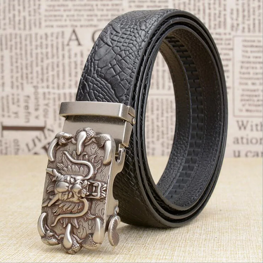 

2019 Genuine Leather Automatic Buckle Belt Crocodile Grain Chinese Dragon Buckle Belt Jeans Belt Cowskin Waistband ZLB349A