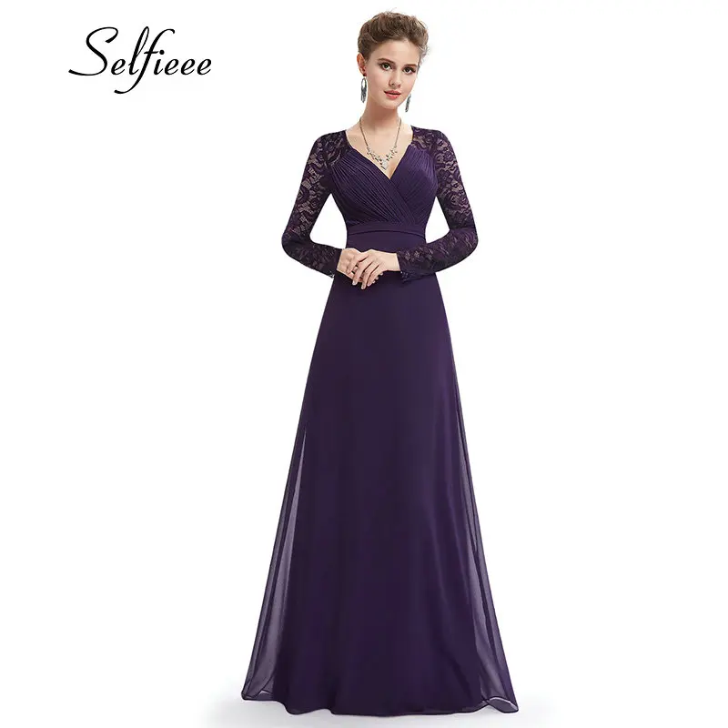 Purple Womens Dresses New Arrival 2018 Chiffon A-line Lace Long Sleeve Autumn Winter Plus Size Formal Party Long Dress Vestido