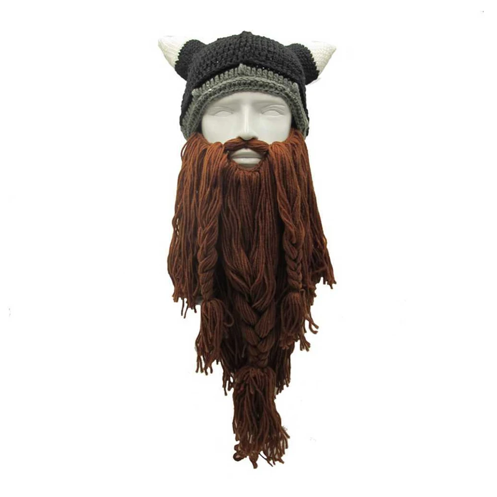 Вязаная шапка Viking Beard Horn, мужская шапка с варварским викингом, шапка с рогом, шапки ручной работы, зимние теплые модные подарки смешная шапка